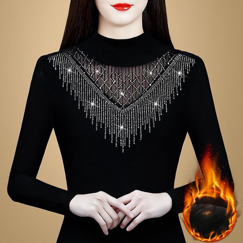 Black Semi-turtleneck Inner Warm Bottoming Shirt Women's Autumn and Winter Velvet Thickened Slim-fitting Long-sleeved T-shirt