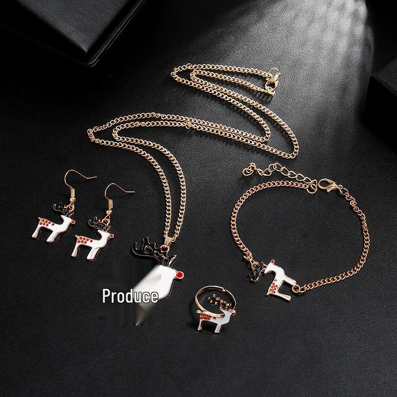 Christmas Cute Santa Necklace, Ring, Earrings & Bracelet Set - European & American Style