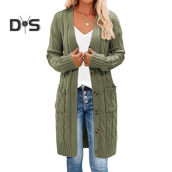 Women Sweater Cardigan V-neck Long Sleeve Twist Texture Knitting Tops with Pockets Solid Color Button-Up Knitting Jacket
