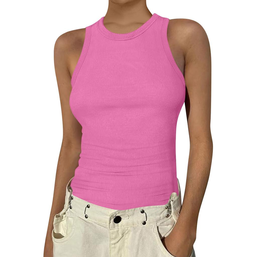 Women's Summer Fashion Casual Color Round Neck Sleeveless Top Tight Tank Top