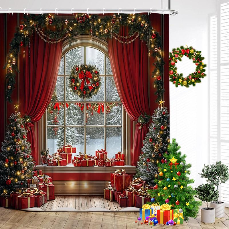 Red Christmas Shower Curtain Xmas Trees Gift Window Winter Forest Scenery New Year Home Wall Hanging Bathroom Decor With Hooks