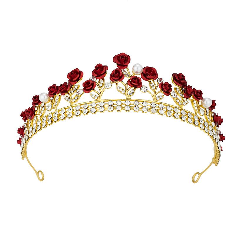 European and American Bride Crown Engagement Baroque Women's Crown Red Rose Bride Headband Wedding Dress and Evening Gown Accessories