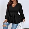 Large Size Women's New V-neck Lantern Sleeve Top Women's Lace-up Waist Thin Ruffle Hem T-shirt