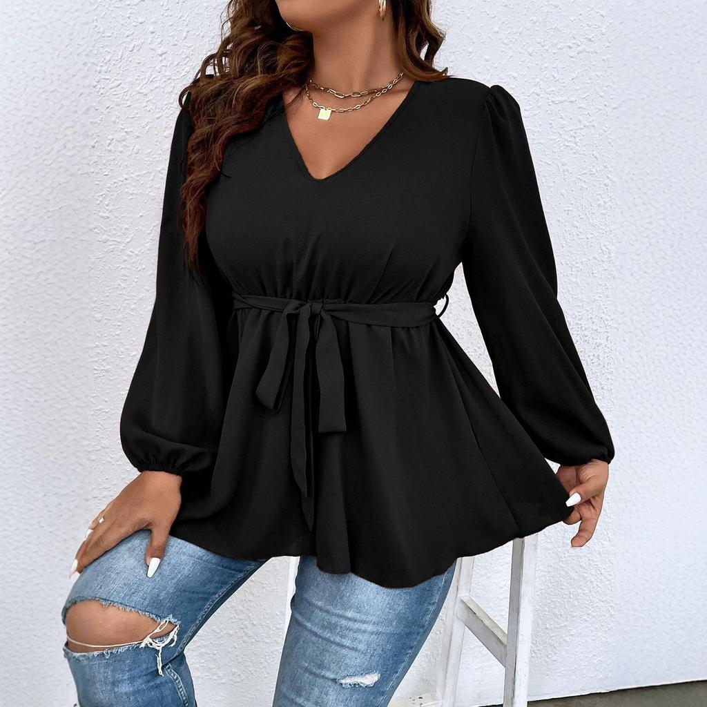 Large Size Women's New V-neck Lantern Sleeve Top Women's Lace-up Waist Thin Ruffle Hem T-shirt