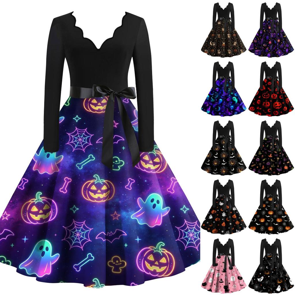 Women Casual V Neck Long Sleeve Dress Halloween Printed Skirt Vintage Style Midi Dress with Belt Fit and Flare Design