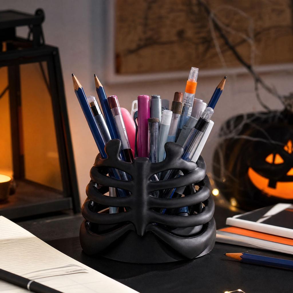 Black Gothic Ribcage Pen Holder for Desk Organization Decor