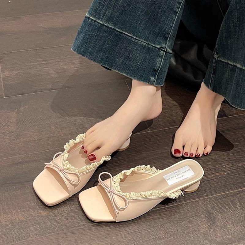 Coarse heel bow shoes women's summer outer wear holiday open-toed slope heel cool slippers