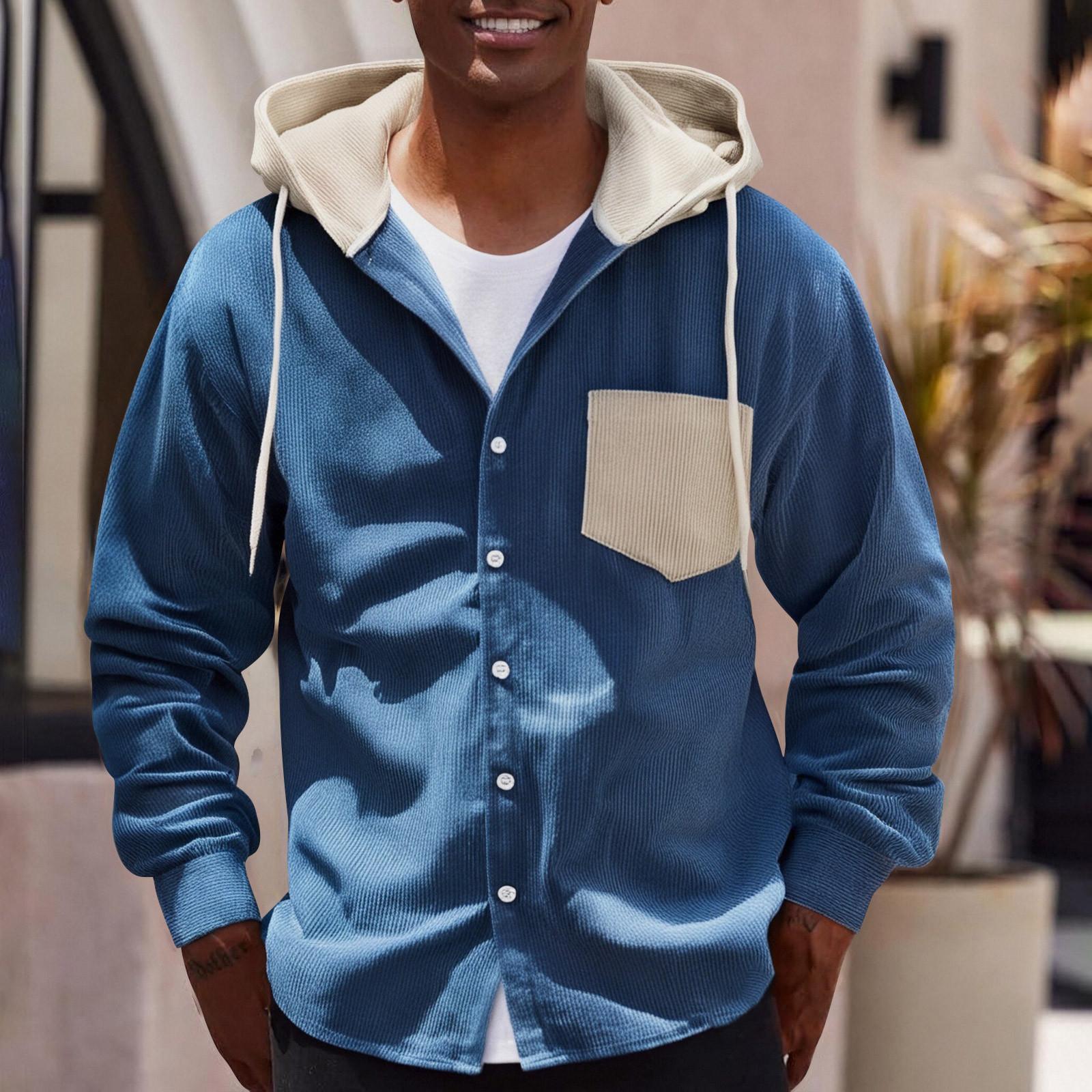 Men s Colorblock Loose Hooded Long Sleeved Shirt Youth Fashion Casual Trendy Shirt XL синий 2230₽