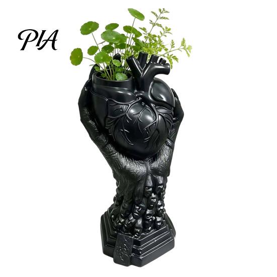 Devil Palm Flower Pot Hand Holding Human Heart Organ Vase, Gothic Anatomical Shaped Skull Base Ornament Spooky Halloween Desktop for Living