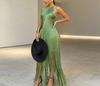 Spring and Summer European and American Neck Fringed Long Dress Women's Sleeveless Slim Temperament Dress Dress Dress Dress Factory Spot