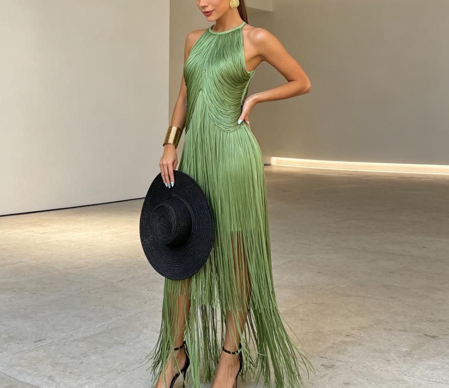 Spring and Summer European and American Neck Fringed Long Dress Women's Sleeveless Slim Temperament Dress Dress Dress Dress Factory Spot