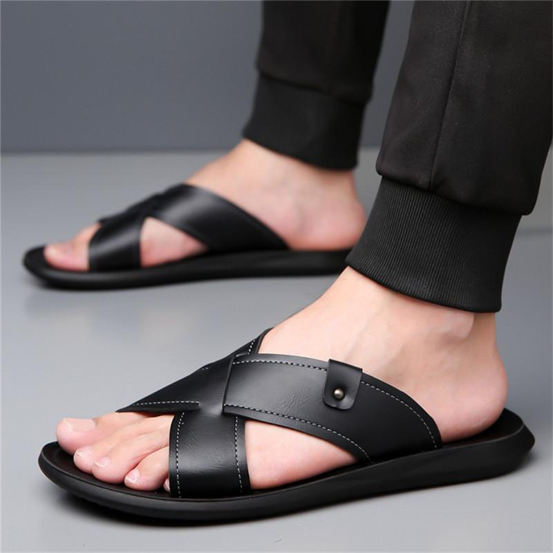 Summer Men Classic Lightweight One-line Slippers Men Anti-slip Pu Leather Casual Cool Slippers With Soft Beach Vacation Shoes