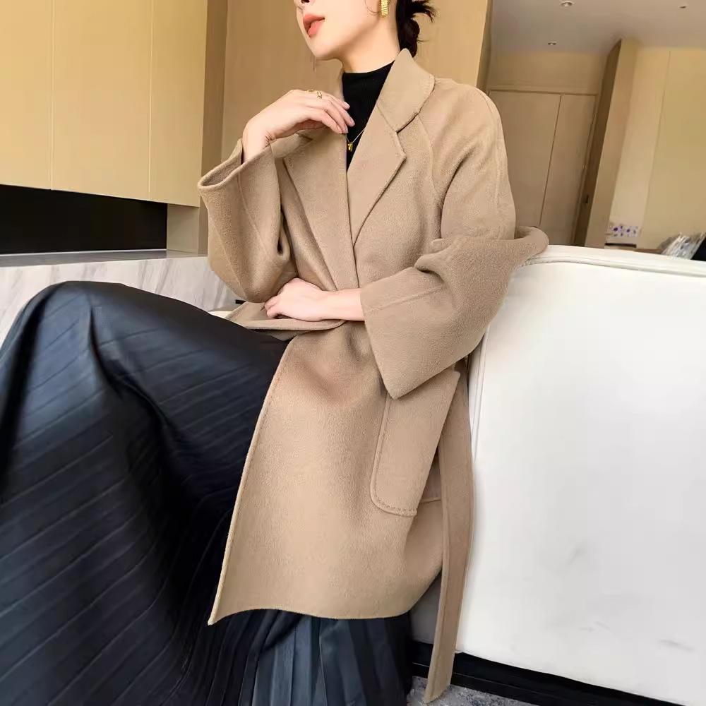 Women's High-End Double-Faced Wool Coat - New Autumn/Winter Style, Loose Mid-Length, Tie-Waist, 100% Wool Fashion Coat.