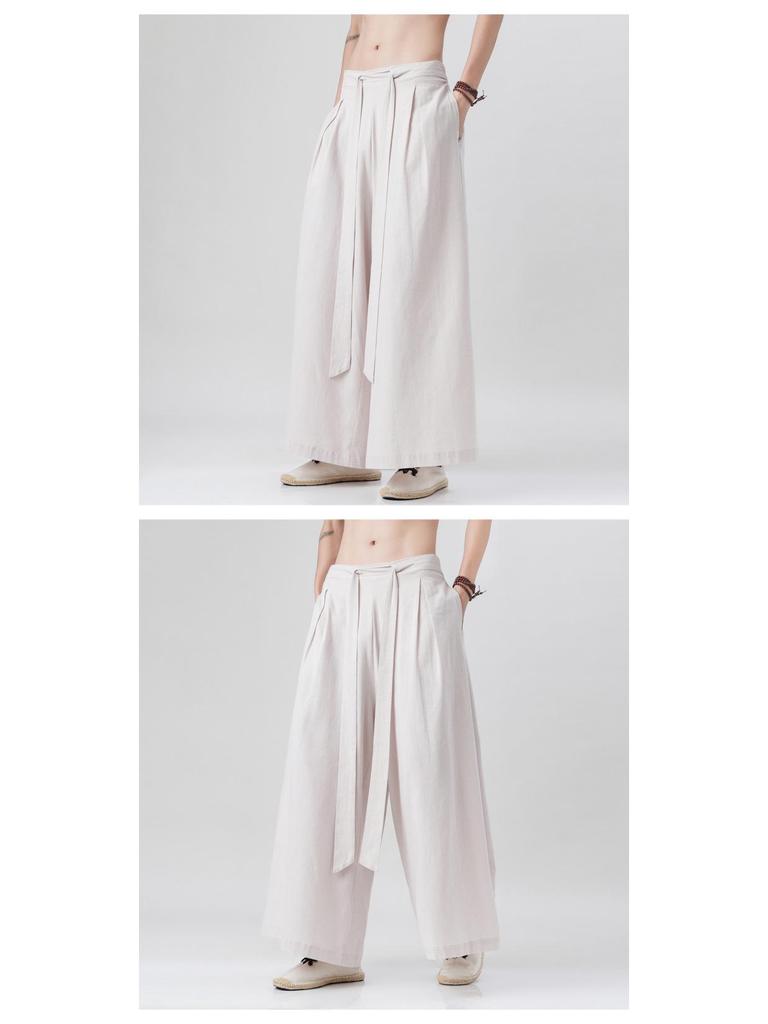 2023 Letní Pánské Volné Bavlněné Lněné Kalhoty s Širokými Nohavicemi - Nový Čínský Styl Ležérní Oblečení