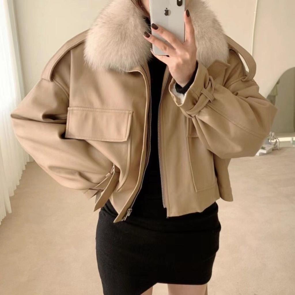 Leather Jacket Imitation Fur Jacket Women's Autumn and Winter New Big Fur Collar Loose Fleece Thickened Small Short Cotton Clothes