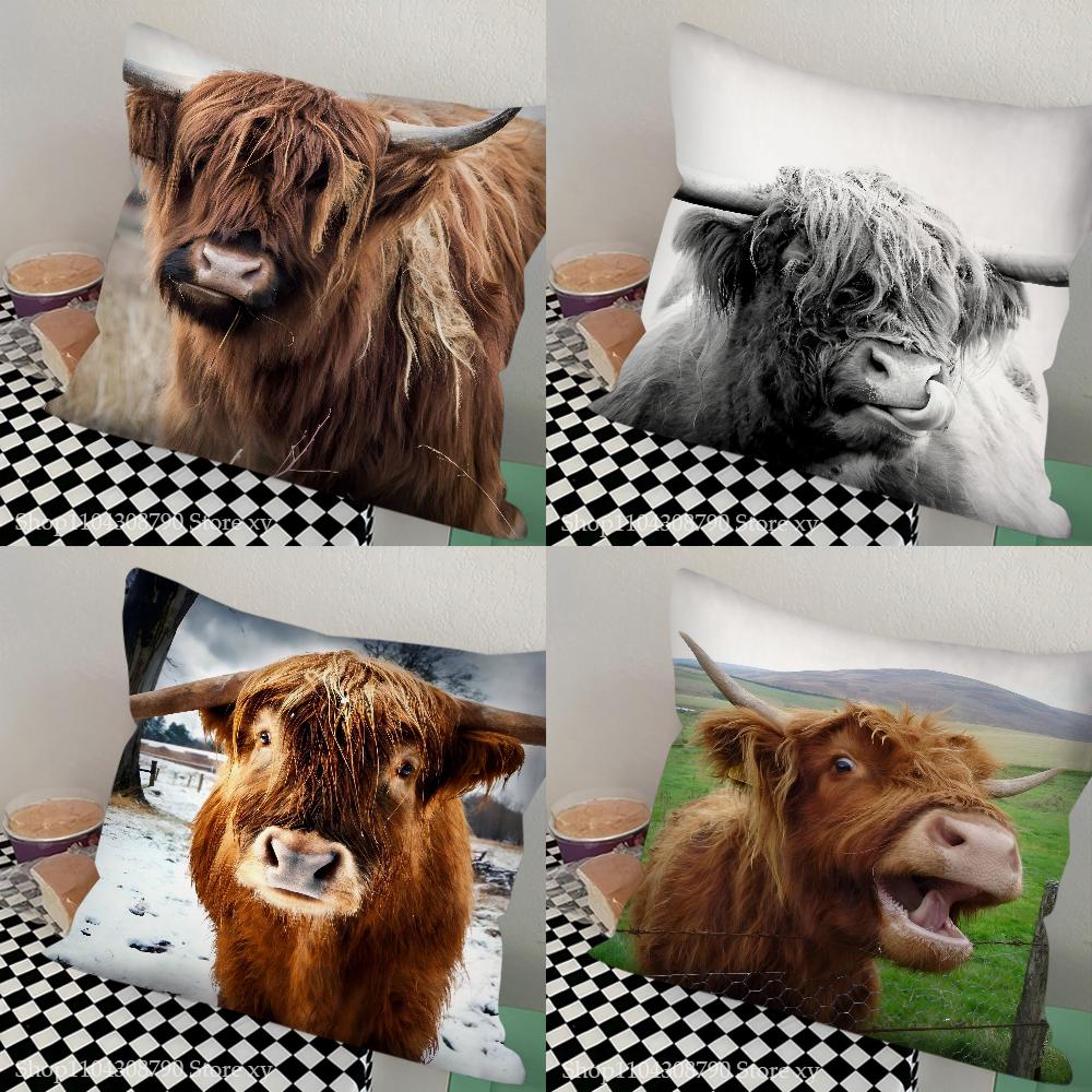 Highland Cattle Pillow Case Fashion Square Pillowcase Bedroom Sofa Room Ins Decoration Leisure Cushion Cover 40x40