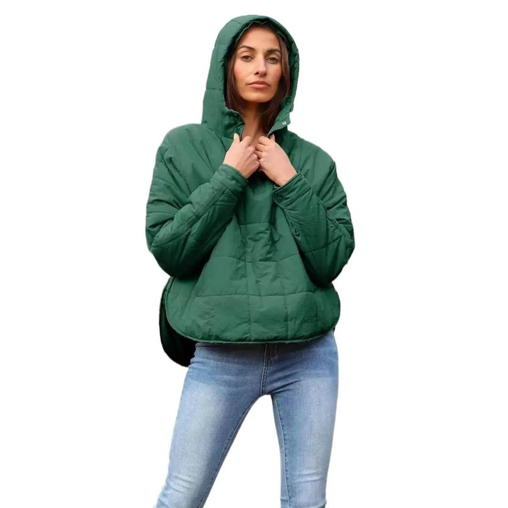 Women's Solid Color Long-sleeved Quilted Lightweight Loose Winter Warm Hooded Jacket