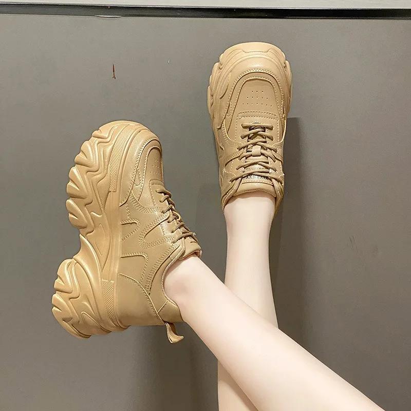 Fashion Autumn Breathable Thick Bottom Casual Shoes New 2025 Women's Chunky Leather Sneakers 8CM High Platform Sports Dad Shoes Spring