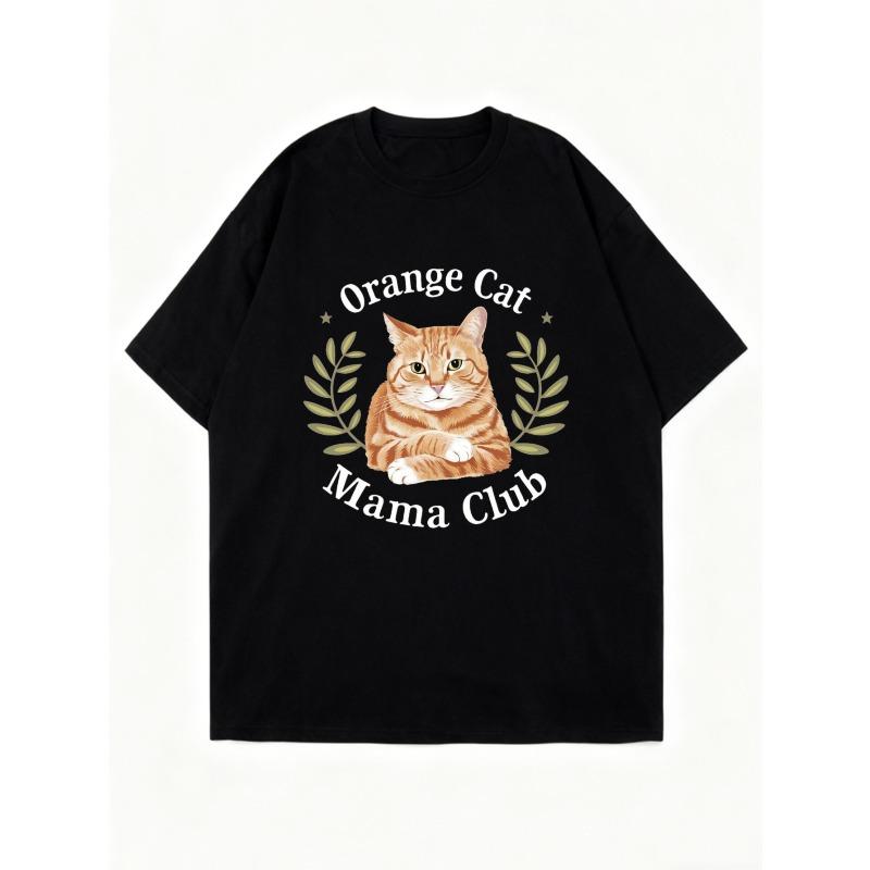 Black Oversized T Shirt Orange Cat Mama Club Print Graphic Tee For Women Casual Wear Summer Outfit Streetwear Fashion