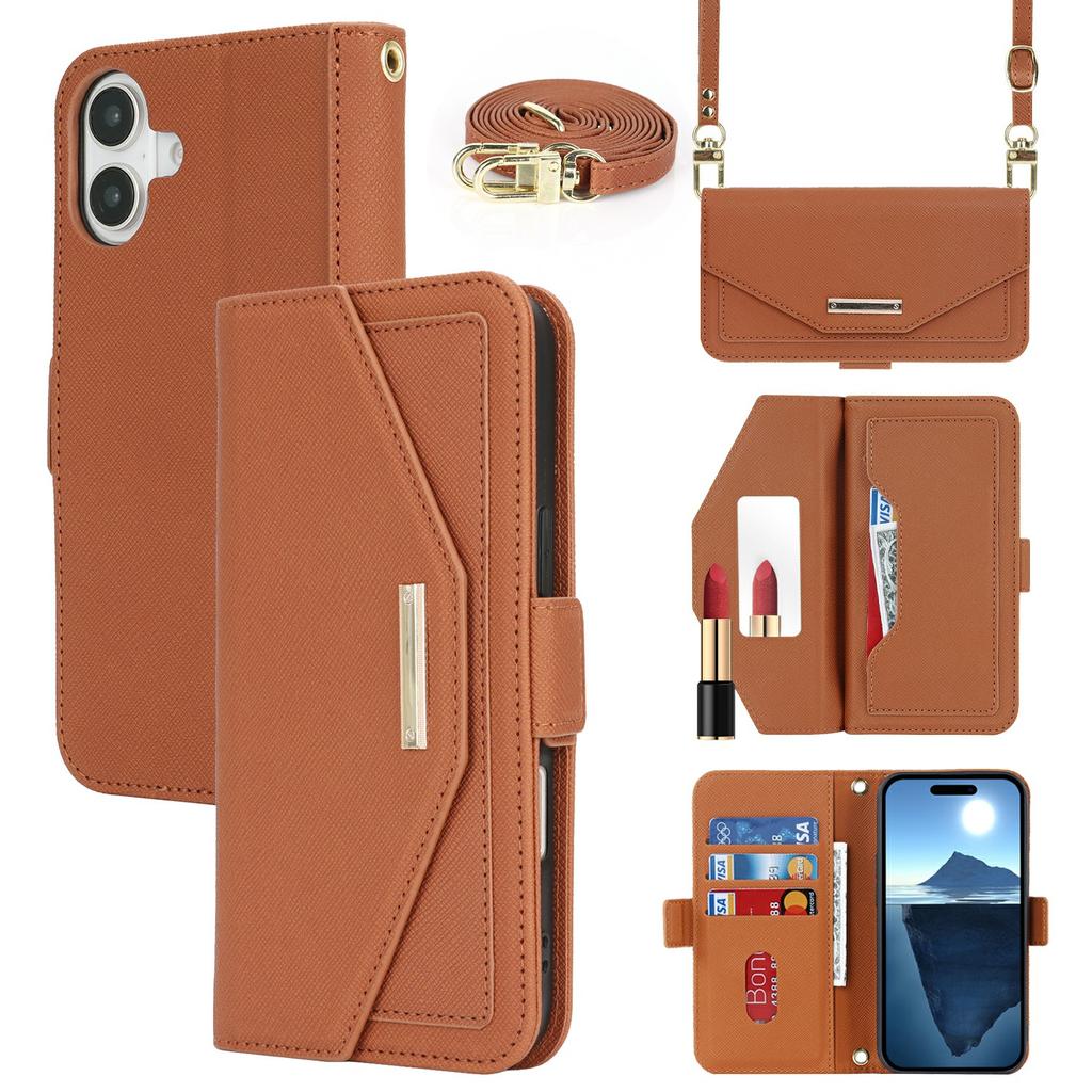 For iPhone 16 Stand Case Cross Texture PU Leather Wallet Phone Cover with Shoulder Strap/Makeup Mirror