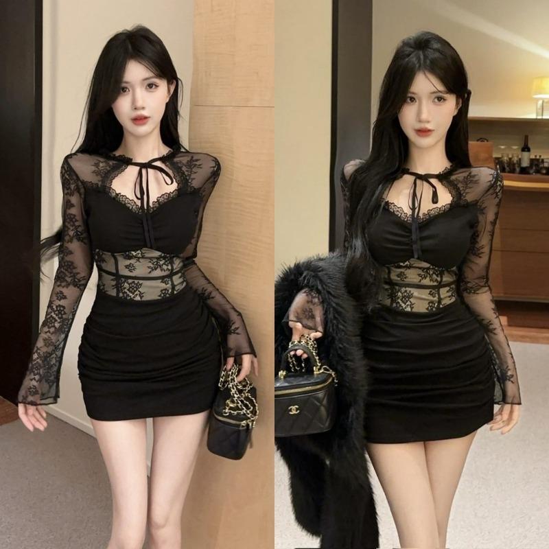 Autumn and winter new sexy Spice Girls low-cut elastic cotton mesh short hip-wrapped long-sleeved bottom tight dress women