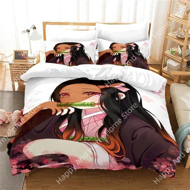 Anime Demon Slayer Beding Set Nezuko Kamado Soft Duvet Cover Warm Comforter Bed Linen Single Twin Ful Quen Sized Dimensions 3d Girl Young Boys Gift