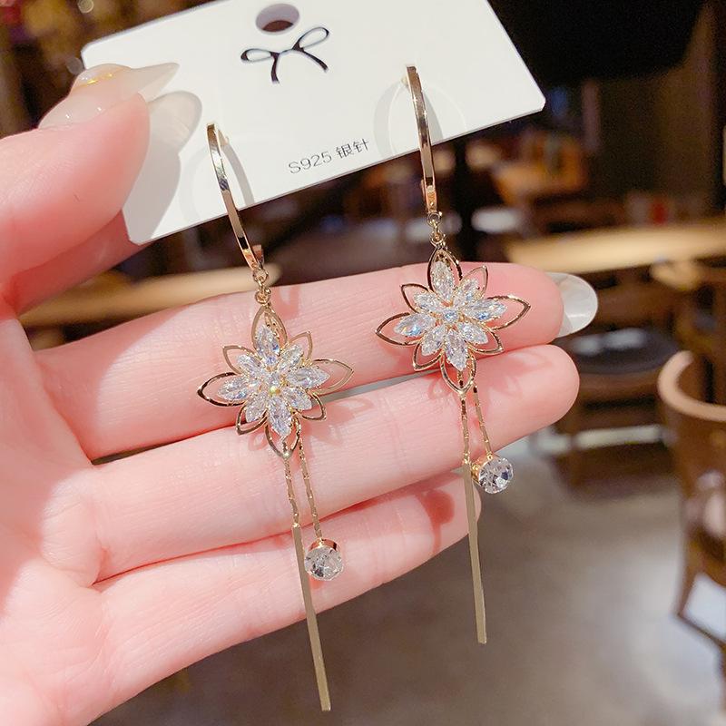 Zircon Flower Tassel Earrings, Korean Style, S925 Silver Needle, Slim Face Design