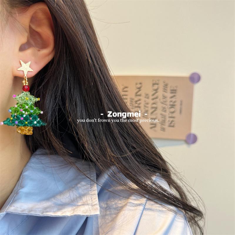 3D Christmas Tree Earrings with Red Bow - Heavy Beaded Crystal Ear Clips, Hand-Woven Holiday Accessories