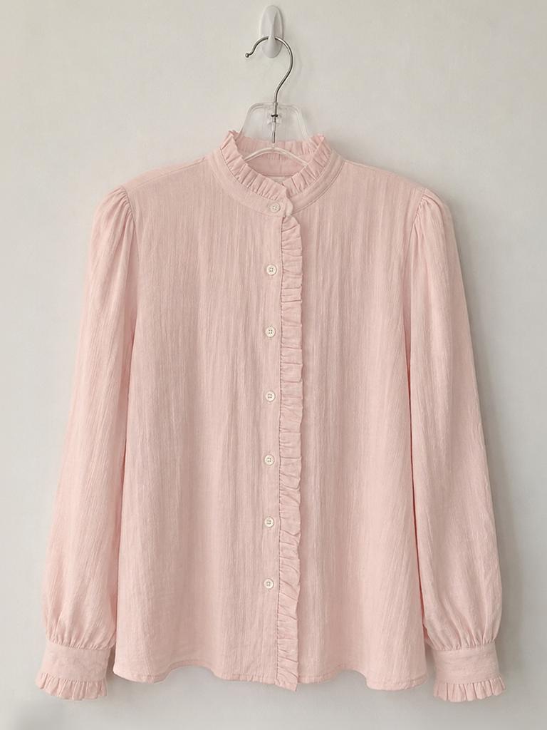 PRENDS SOIN DE TOI Frill Neck Cotton Blouse Powder Pink
