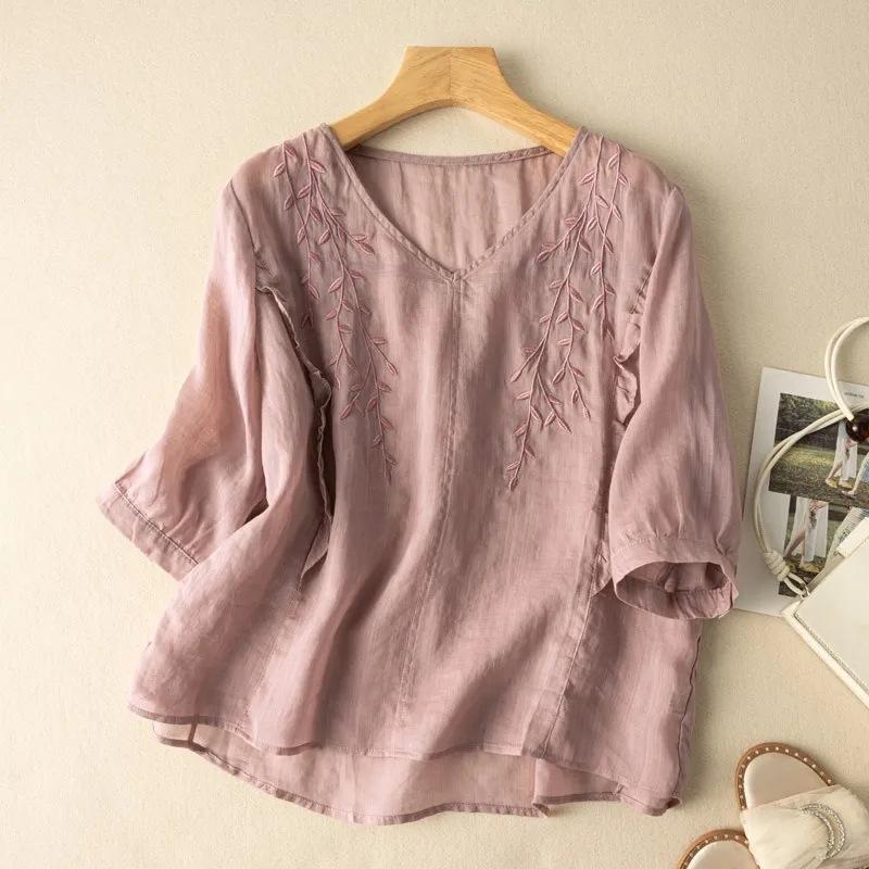 Summer new embroidered cotton and linen top loose temperament literary retro seven-quarter sleeve casual versatile