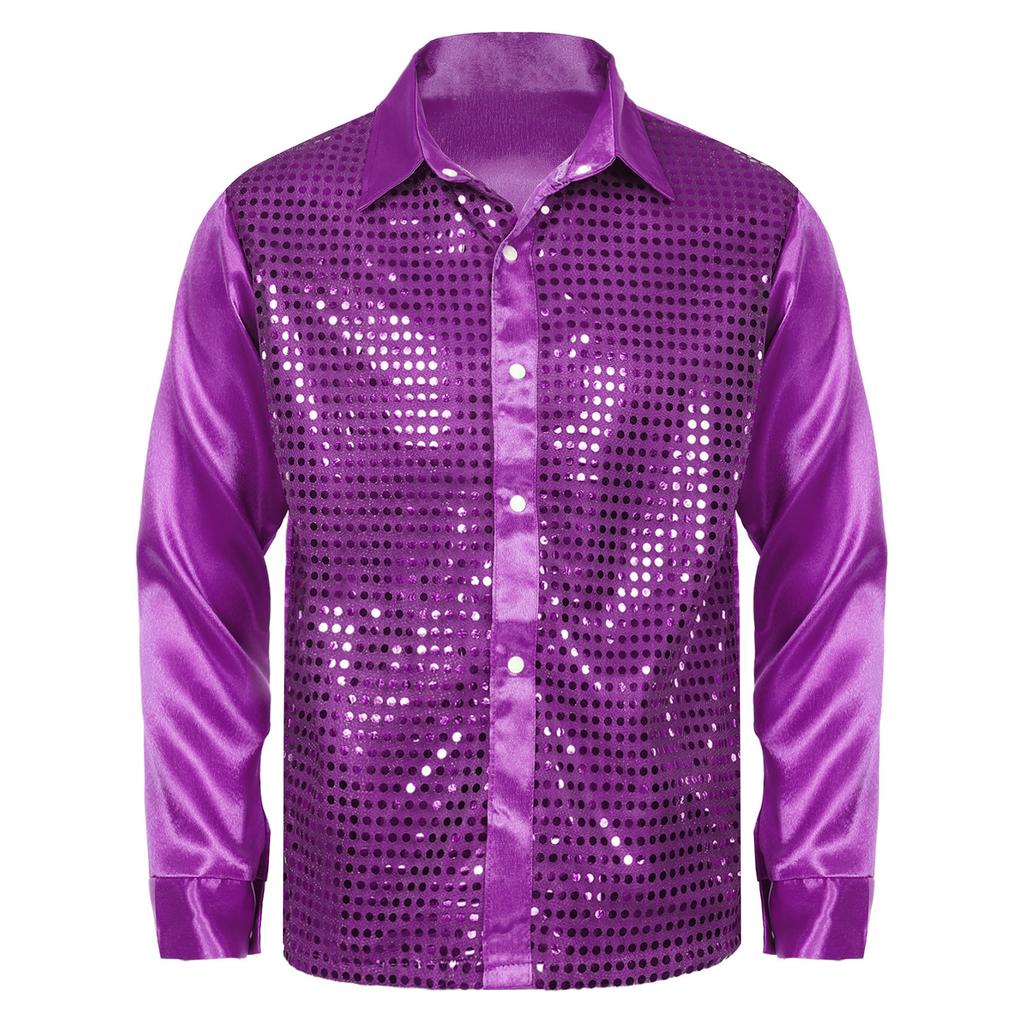 Mens Shiny Sequin Dance Shirt Latin Jazz Performance Wear Turn Down Collar Long Sleeve Patchwork Top