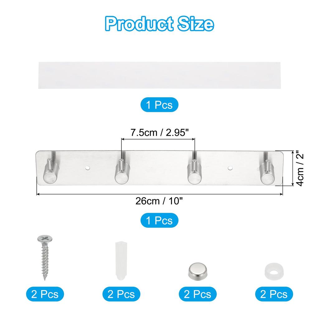 PATIKIL Wall-Mounted Coat Rack, 10" 304 Stainless Steel Beveled Wall Hook Rail, Bathroom Towel Hanger with 4 Hooks for Entryway or Bedroom, Silver