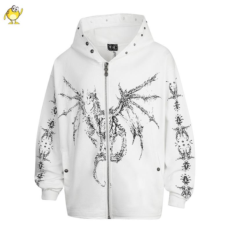 EastRogue Heavyweight Star Moon Dragon Bone Satan Devil Print Zipper Hooded Open-Front Sweatshirt Men's Jacket