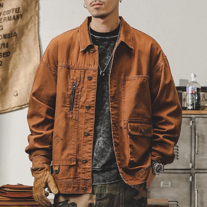Men's Autumn Loose Fit Cotton Workwear Jacket - Trendy, Multi-Pocket, Plus Size, Casual Lapel Top