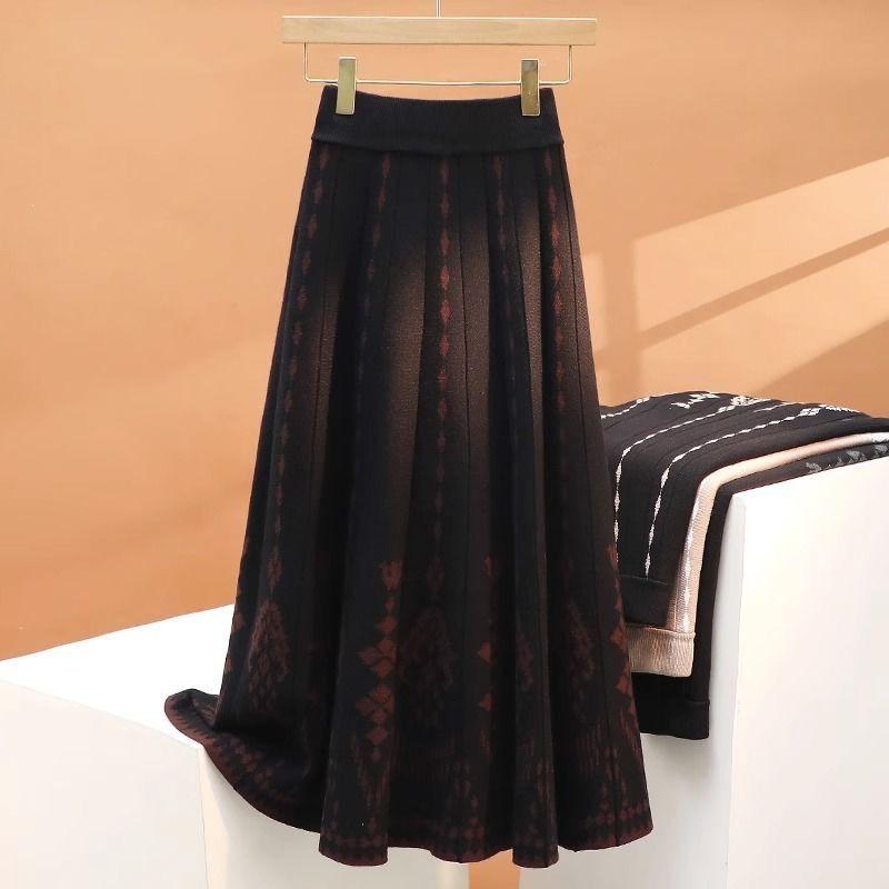 Knitted Yarn Half Skirt for Women Winter High Waist A-line Pleated Skirt Mid Length Big Swing