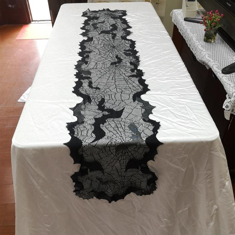 Gruselige Halloween-Dekoration 13x68 Zoll Schwarzer Tischläufer, Wasserabweisend mit Spinnennetz- und Fledermausmotiven für festliches Speisen