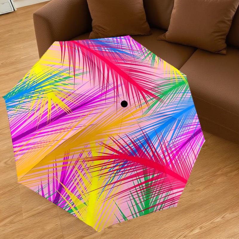 1PC Palm Leaves PatternAutomatic Open/Close Umbrella with Windproof, 8-Rib Sturdy Canopy, Durable Ribs, Fashionable Design, Outdoor Accessory, Fun Pri