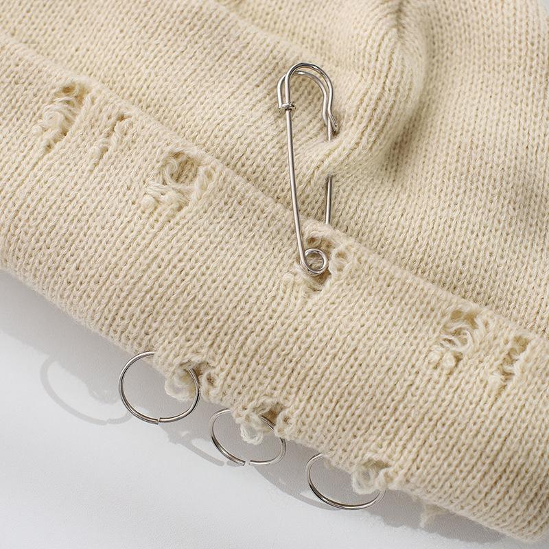 Winter Harajuku Y2K Beanies Knitted Hat Women  Warm Thick Flanging Metal Ring Short Hat Unisex Basic Cap