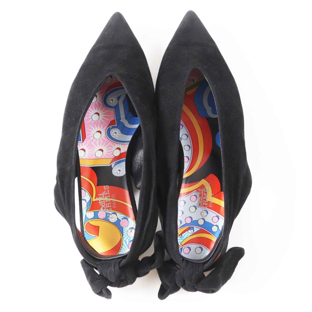 Great HERMES pumps Back ribbon pointed toe black Suede leather Women 36 221013Z Used