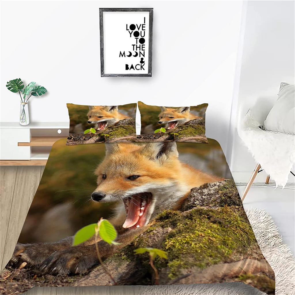 Cartoon Fox Duvet Cover Set Cute Kawaii Wild Animals King Queen Size Polyester Comforter Cover With Pillowcase For Kids Teens