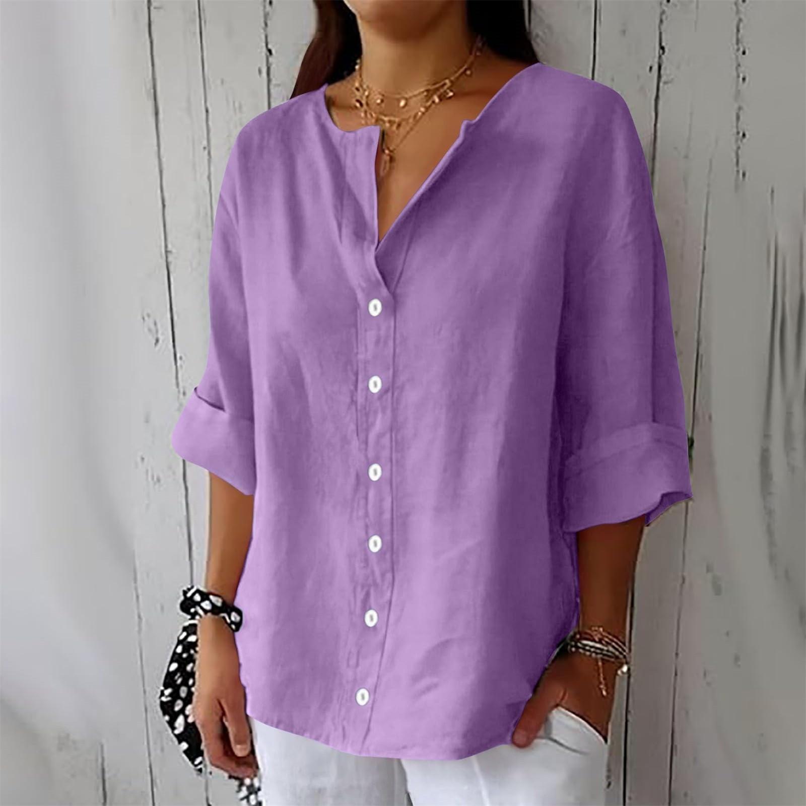 

Женская модная повседневная блузка с V-образным вырезом, на пуговицах, с рукавом семь восьмых, из хлопка и льна XL фиолетовый