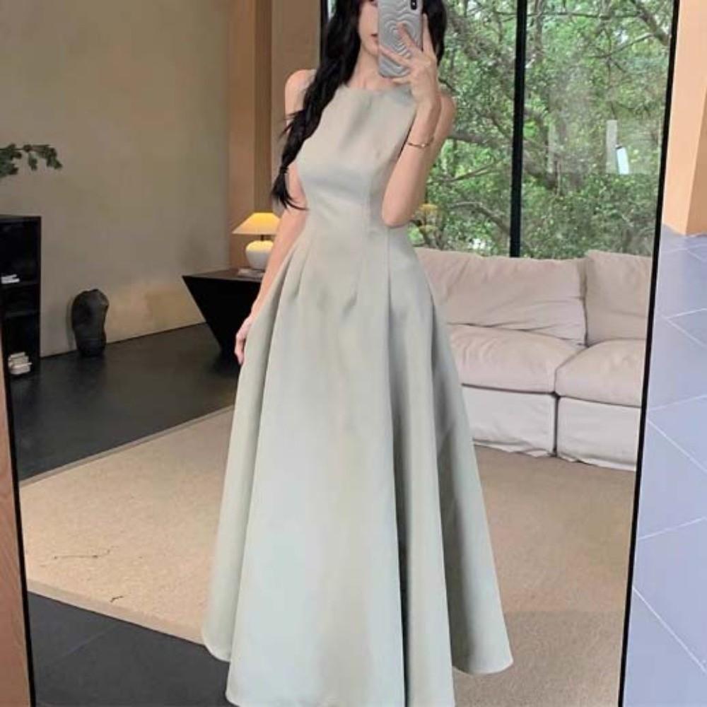 Sleeveless Vest Solid Color Long Skirt Temperament Women Korean Dress Sleeveless Long Dress  Party