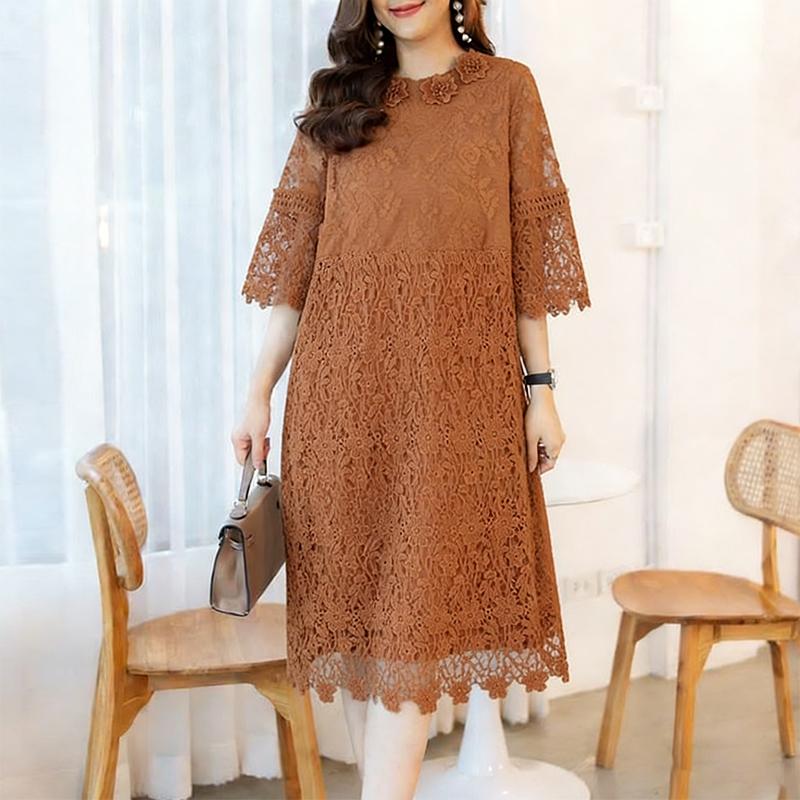 ZANZEA Women Casual Round Neck 3/4 Sleeve Patchwork Lace Crochet Dress S хаки