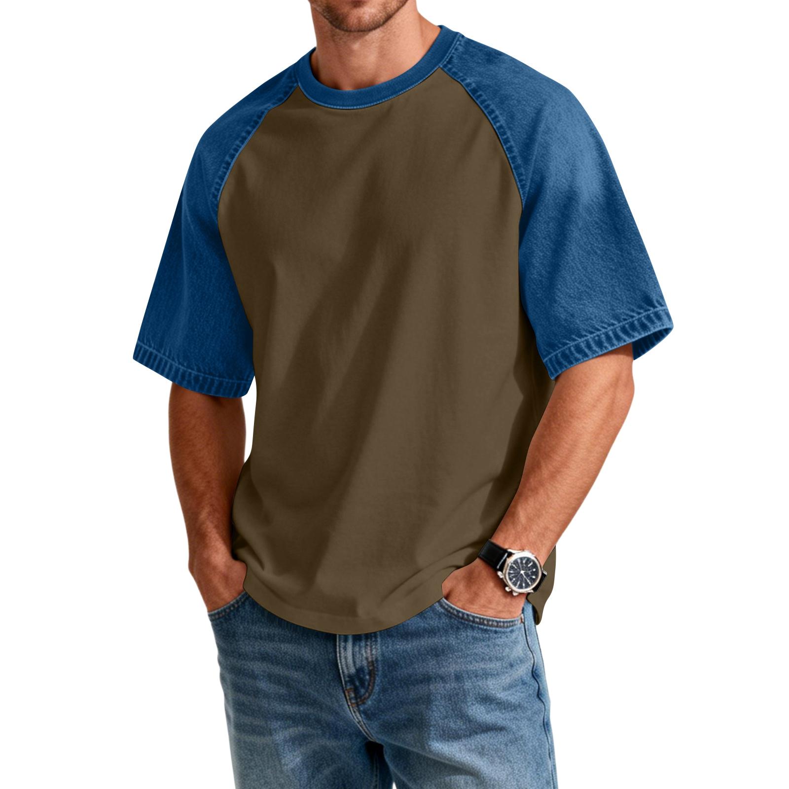 

Men s Denim Patchwork Shirt, Casual Short-sleeved Comfortable T-shirt, Fashionable For Spring And Summer. XL світло-коричневого кольору