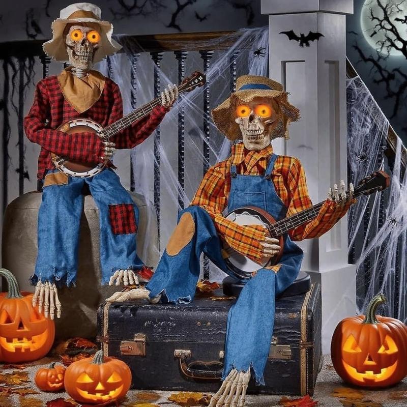 Dueling Banjo Playing Skeletons Halloween Decoration Set Illuminating Plastic Musicians For Home Yard Themed Parties