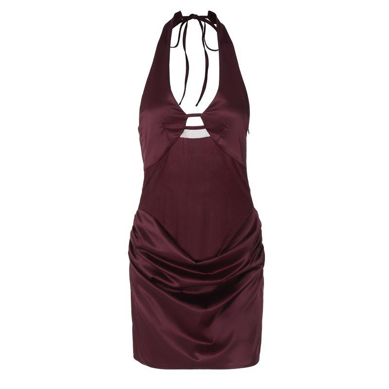 

Outfitgirl Adult Lady like Woman Style Halterneck Design Sling Dress Sexy Open Back Black Dress Elegant High Elastic Sheath Wine red L