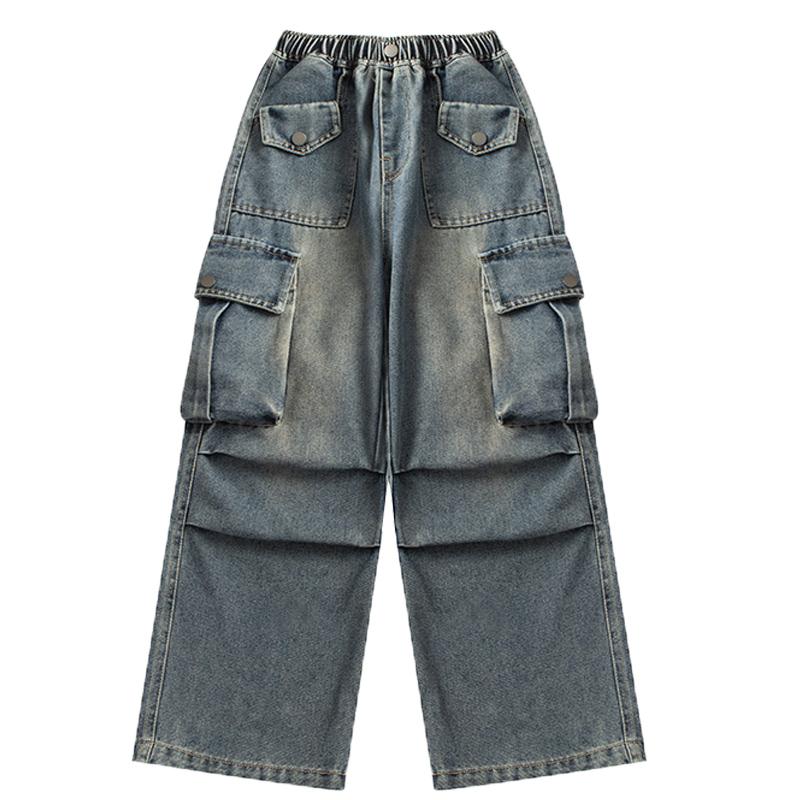 Spring and Autumn Girls' Jeans  Kids Vintage Distressed Jeans with Pocket for Girls High Street Denim Pants Teens Child Baggy Cargo Jeans Trousers