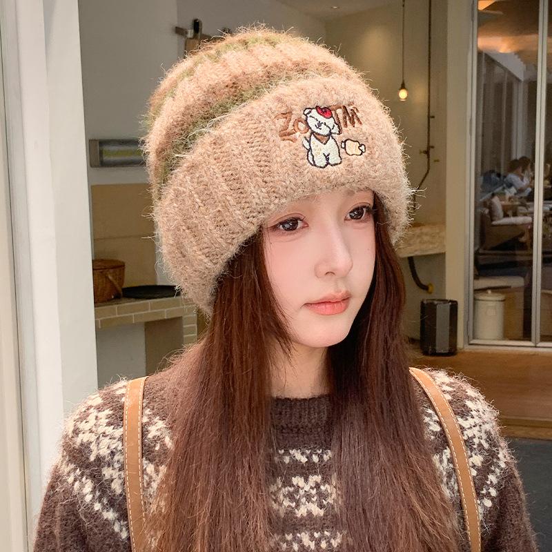 Vintage Striped Knitted Hat Puppy Embroidered Wool Hat Soft Waxy Plush Autumn and Winter Hat Women's Versatile