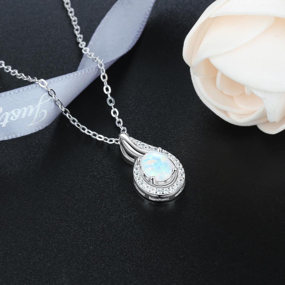 European Hot Sell S925 Sterling Silver CZ Inlaid Waterdrop Necklace Four Prong Oval Opal Pendant Necklace for Women