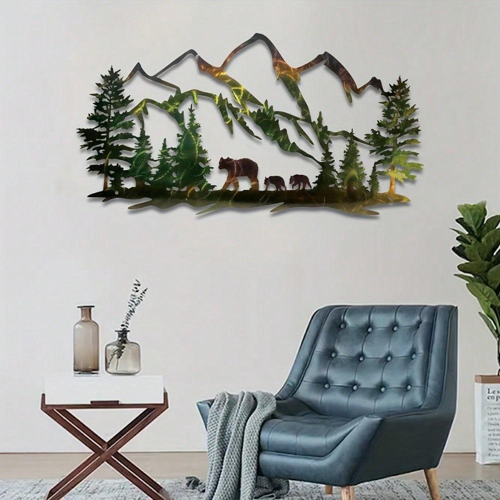 Metal Forest Wall Art Bear and Mountain Silhouette, Iron Home Decor, Indoor Outdoor Garden Decoration, Housewarming Gift